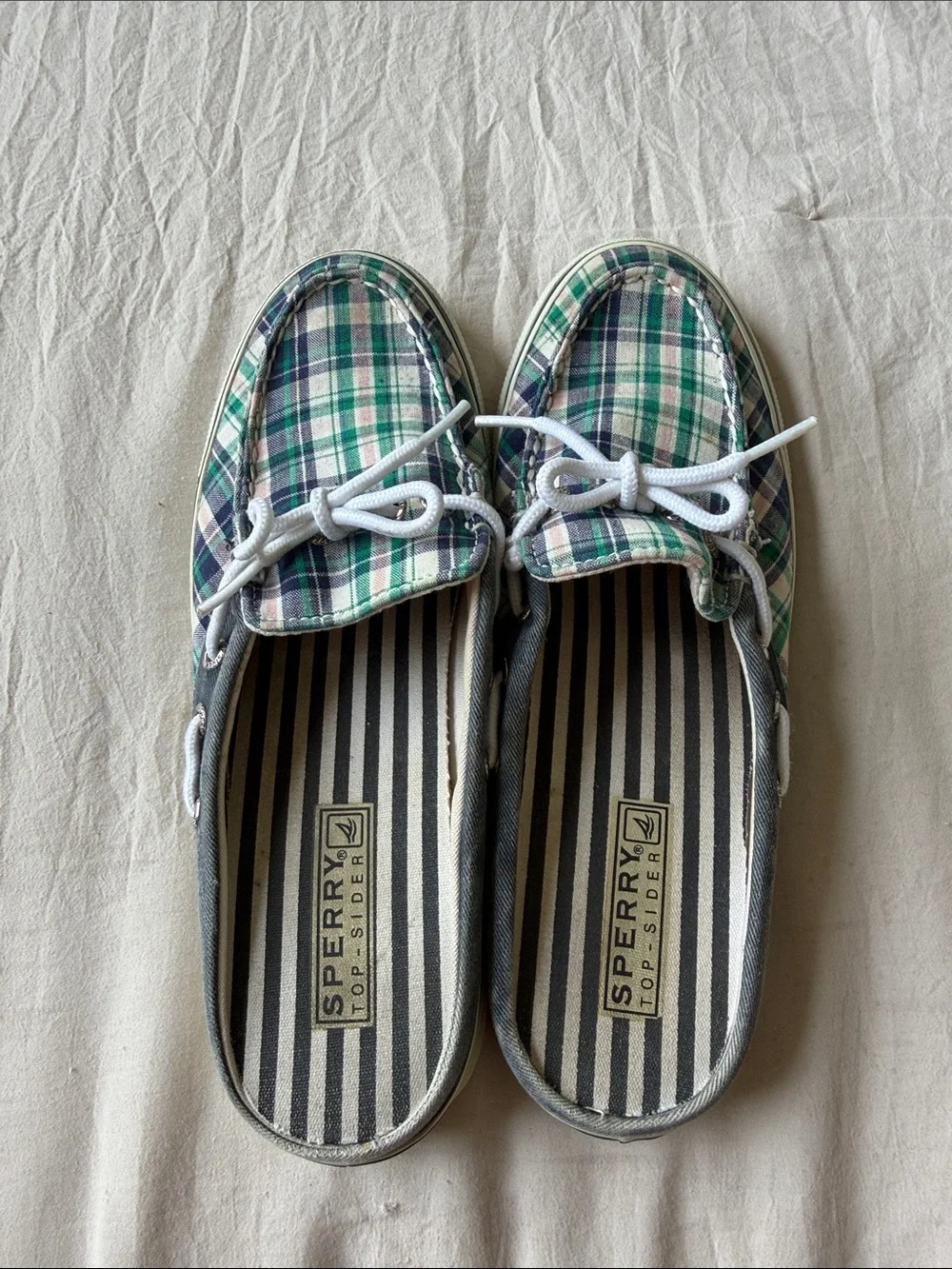 Sperry Plaid Canvas Slip-On Flats in Green, Navy & White